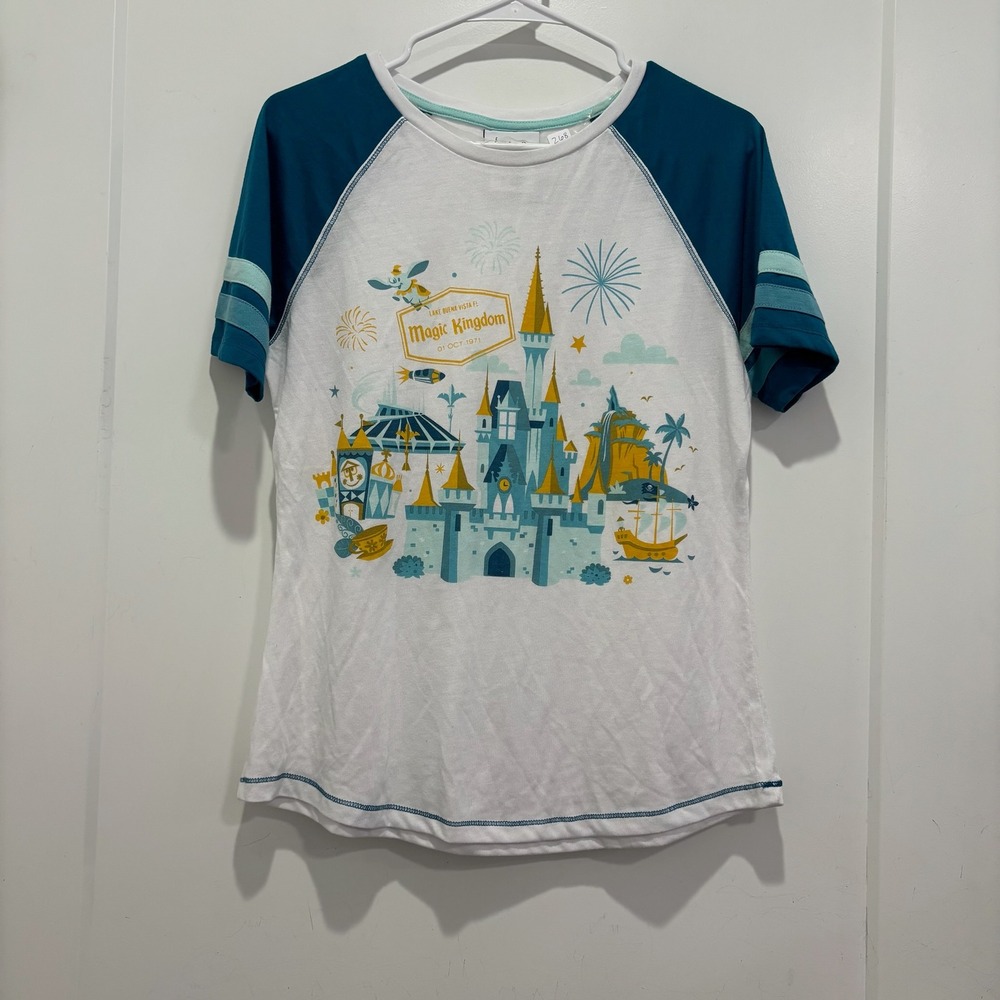 Disney Parks Magic Kingdom Castle Raglan T-Shirt Teal White Womens Medium‎